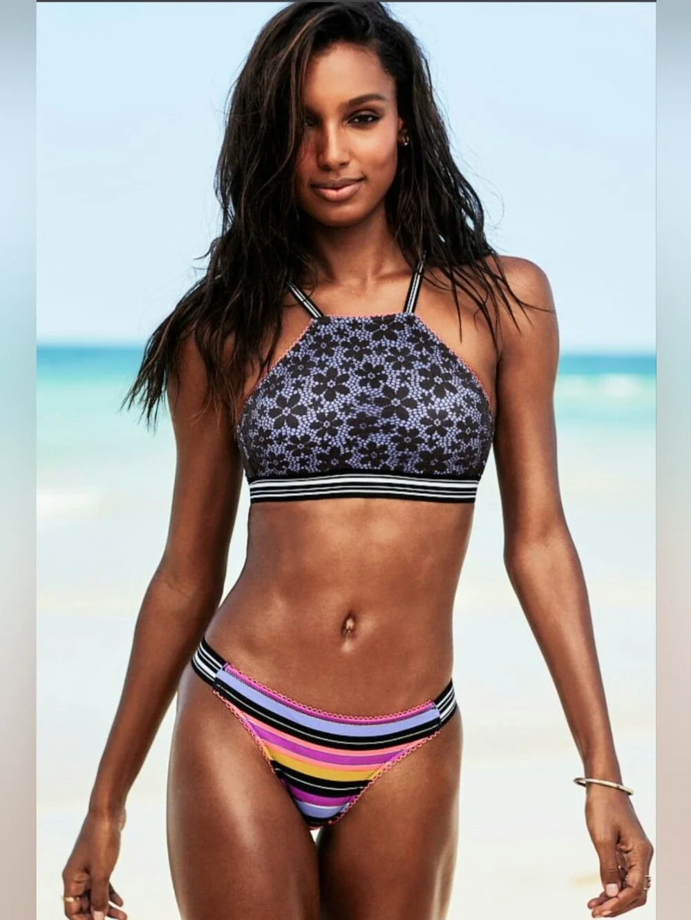 Victorias Secret Crop Top, Size L, Bikini, Black Lace, Colorful Accents
